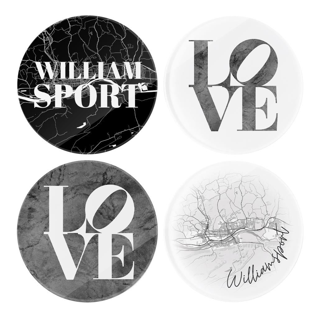 Minimalistic B&W Pennsylvania Williamsport Maps Love | Hi-Def Glass Coasters | Set of 4 | Min 2
