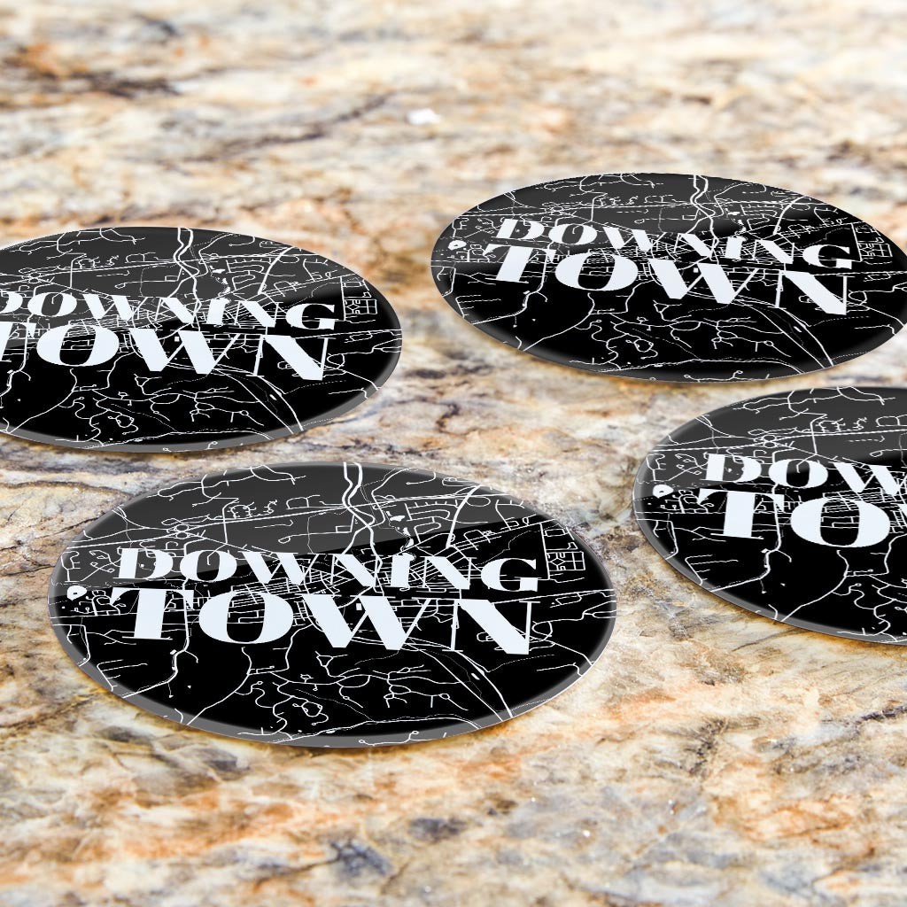 Minimalistic B&W Pennsylvania Downingtown Map | Hi-Def Glass Coasters | Set of 4 | Min 2