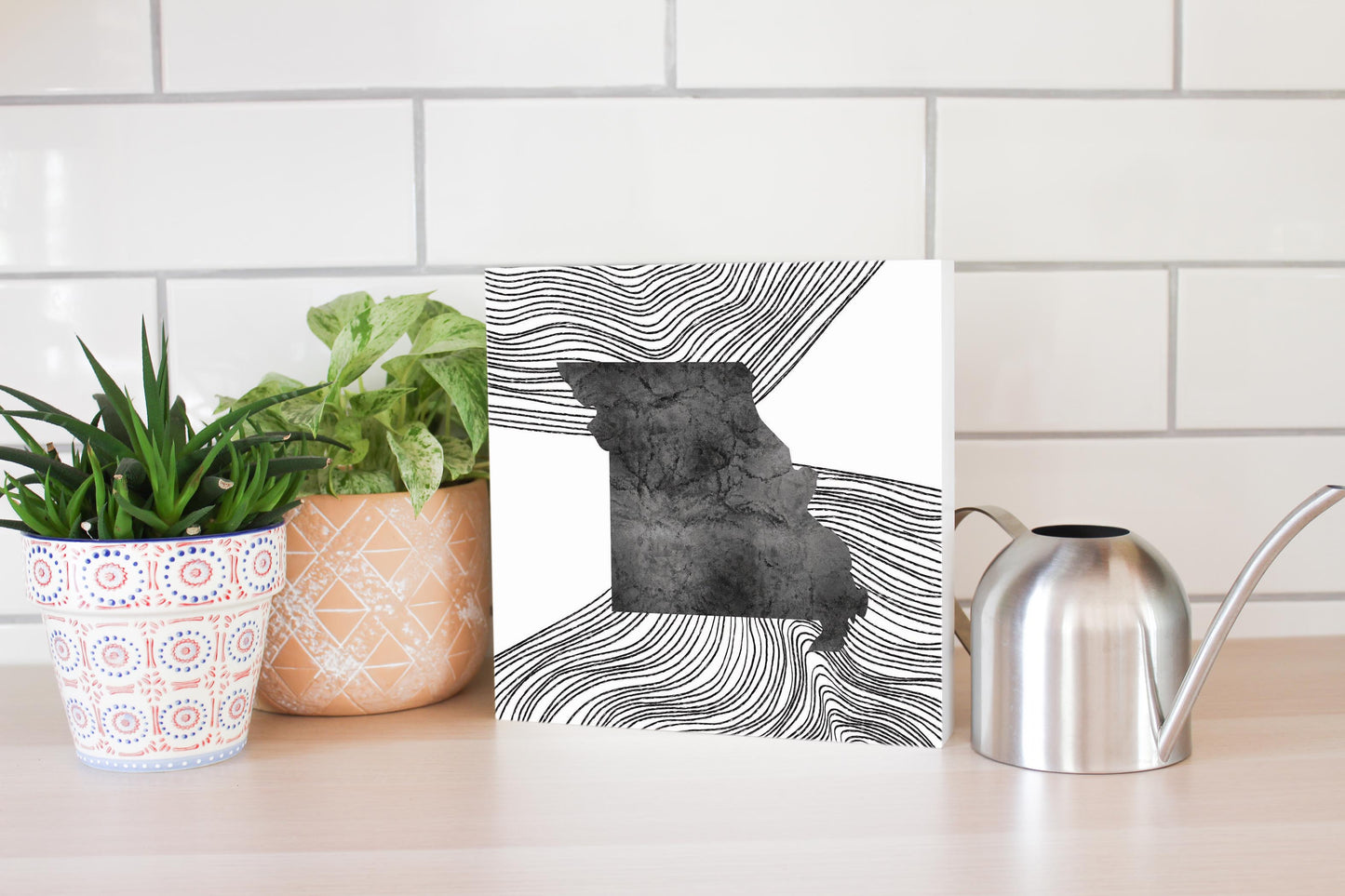 Minimalist B&W Missouri State With Fluid Lines | Wood Block | Eaches | Min 2