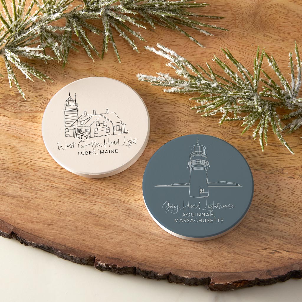 New England Lighthouses Muted Coastal | Absorbent Car Coasters | Set of 2 | Min 4