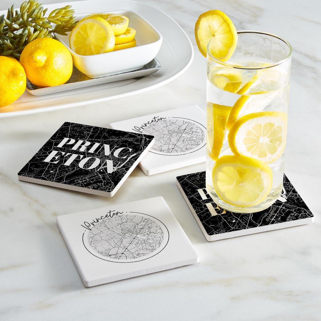 Minimalistic B&W New Jersey Princeton Maps | Absorbent Coasters | Set of 4 | Min 2