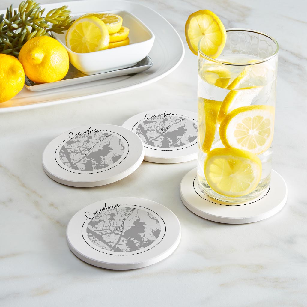 Minimalist B&W Louisiana Cocodrie Circle Map | Absorbent Coasters | Set of 4 | Min 2