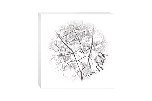 Minimalistic B&W Texas Mansfield Circle Map | Wood Block | Eaches | Min 2