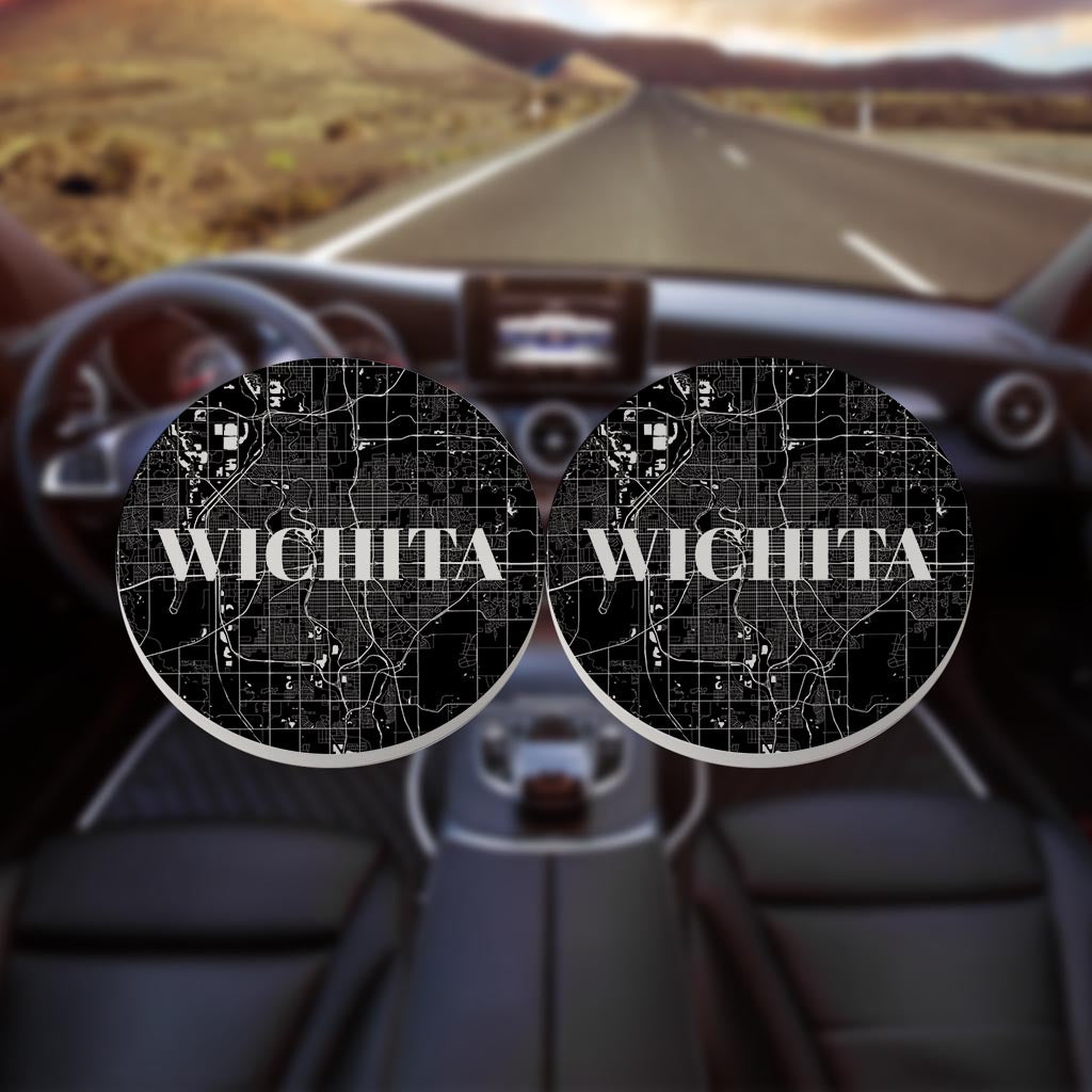 Minimalist B&W Kansas Wichita Map | Absorbent Car Coasters | Set of 2 | Min 4