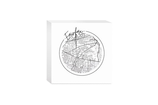 Minimalistic B&W Virginia Fairfax Circle Map | Wood Block | Eaches | Min 4
