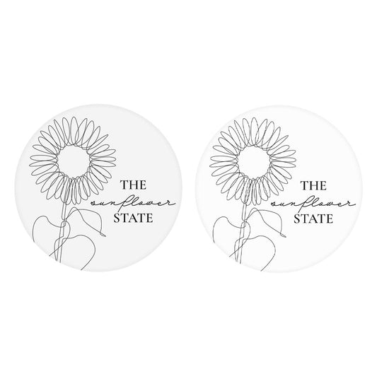 Minimalist B&W Kansas Sunflower Line Drawing | Absorbent Car Coasters | Set of 2 | Min 4
