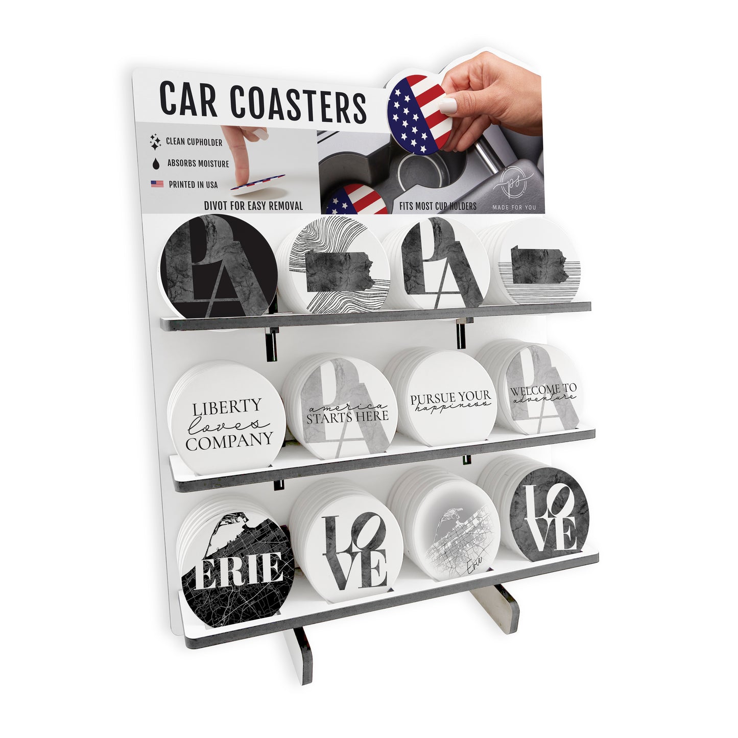 Minimalistic B&W Pennsylvania Erie Car Ceramic Coaster Loaded Display POP Min of 1