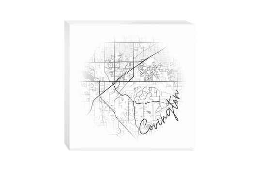 Minimalistic B&W Washington Covington Circle Map | Wood Block | Eaches | Min 2