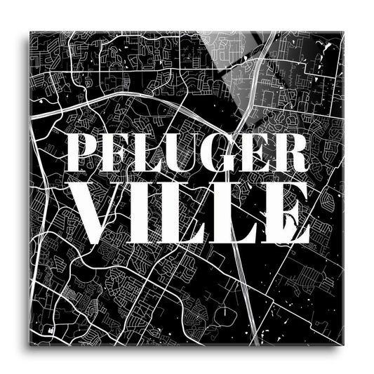 Minimalistic B&W Texas Pflugerville Map | Hi-Def Glass Art | Eaches | Min 1