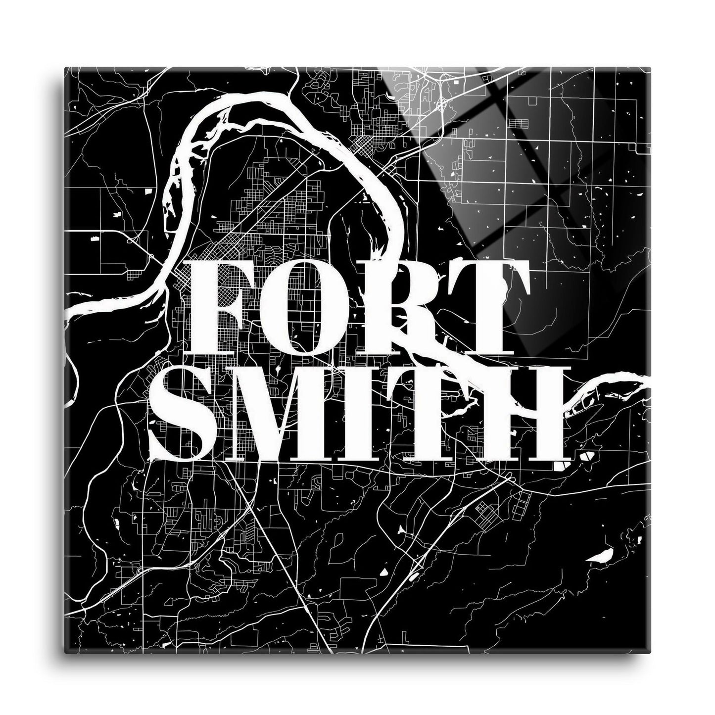 B&W Minimalist Arkansas Fort Smith Map | Hi-Def Glass Art | Eaches | Min 1