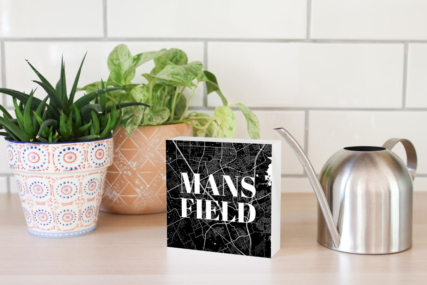 Minimalistic B&W Texas Mansfield Map | Wood Block | Eaches | Min 4