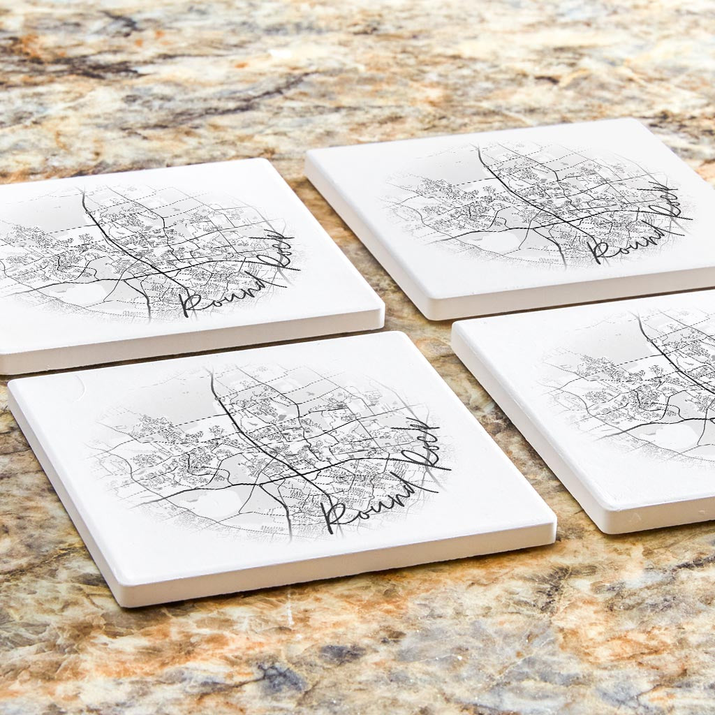 Minimalistic B&W Texas Round Rock Circle Map| Absorbent Coasters | Set of 4 | Min 2