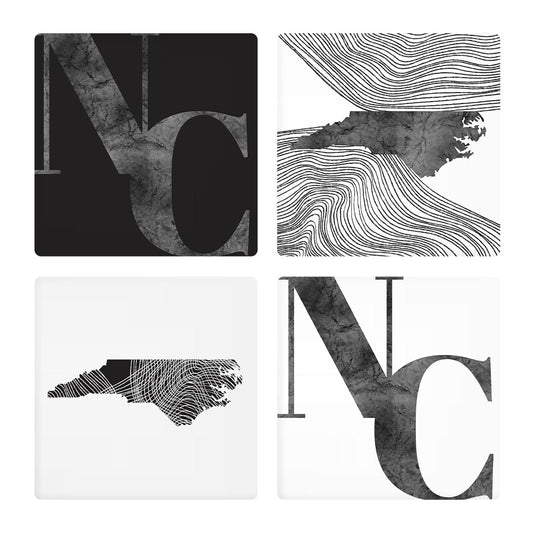 Minimalistic B&W North Carolina Initials State Shapes | Absorbent Coasters | Set of 4 | Min 2