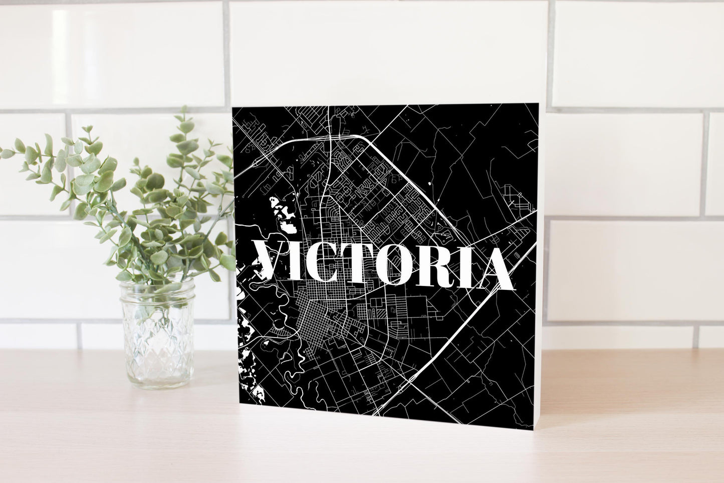 Minimalistic B&W Texas Victoria Map | Wood Block | Eaches | Min 2