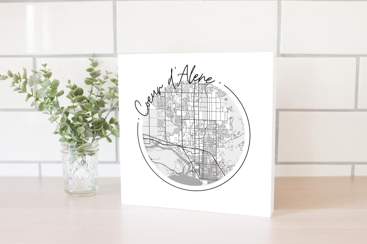Minimalist B&W Idaho Coeur Dalene Circle Map | Wood Block | Eaches | Min 2