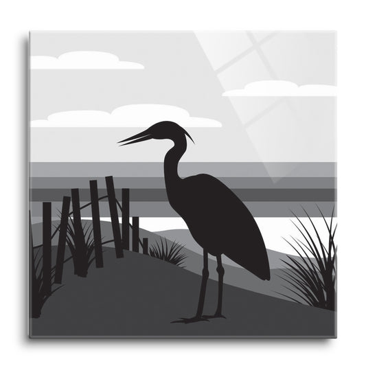 Minimalistic B&W Cape Cod Heron Illustration | Hi-Def Glass Art | Eaches | Min 1