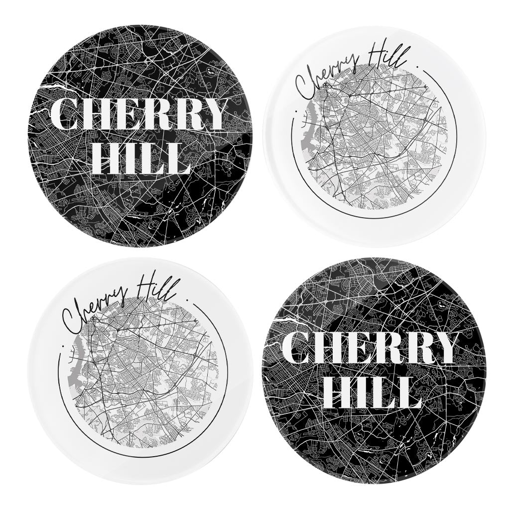 Minimalistic B&W New Jersey Cherry Hill Maps | Hi-Def Glass Coasters | Set of 4 | Min 2