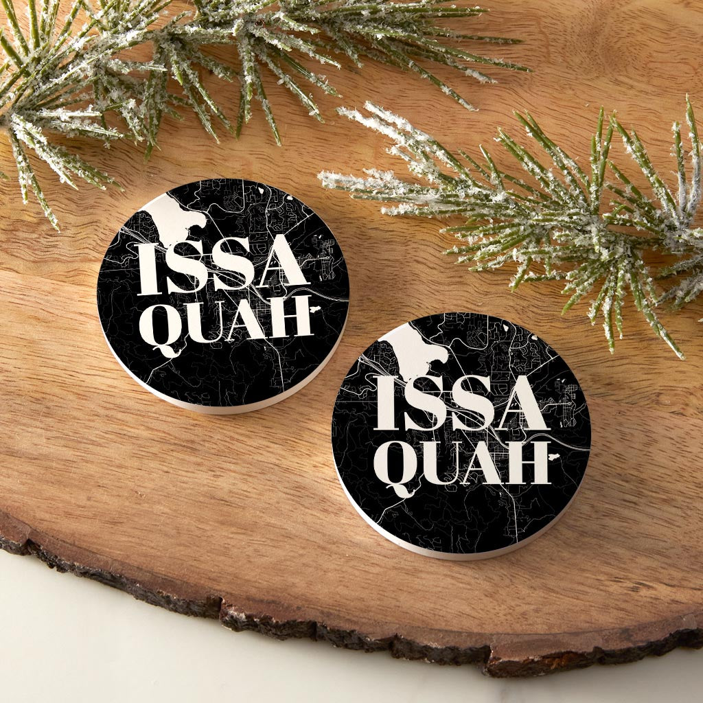 Minimalistic B&W Washington Issaquah Map | Absorbent Car Coasters | Set of 2 | Min 4