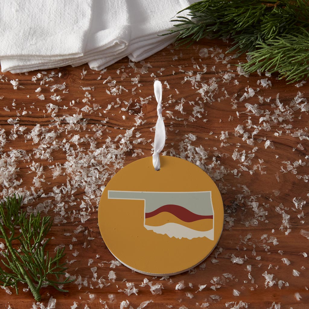 Modern Minimalist Oklahoma Orange Retro State Shape With Hills| Wood Ornament | Eaches | Min 6
