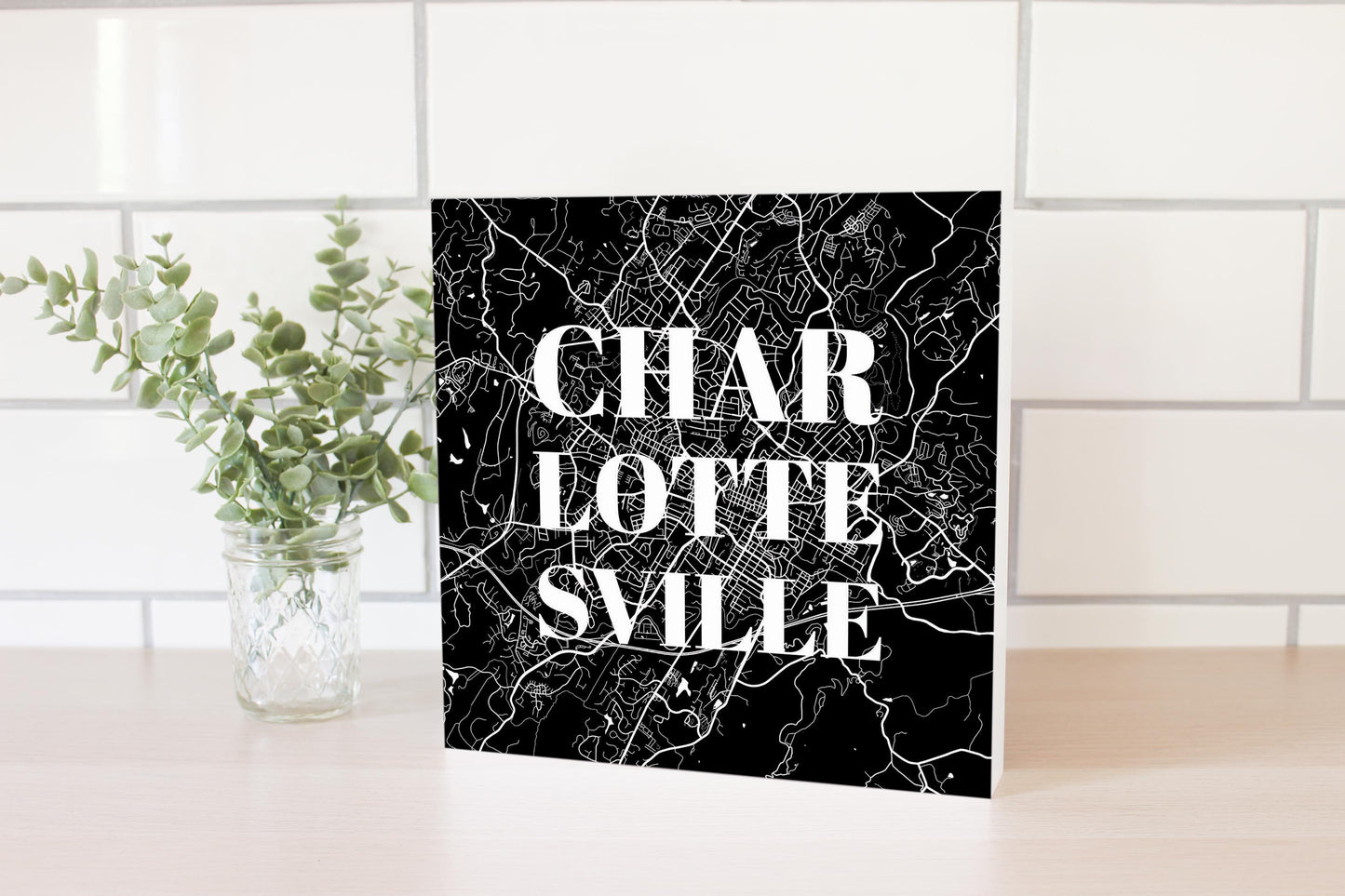 Minimalistic B&W Virginia Charlottesville Map | Wood Block | Eaches | Min 2