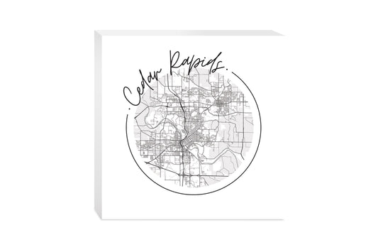 Minimalistic B&W Iowa Cedar Rapids Circle Map | Wood Block | Eaches | Min 2