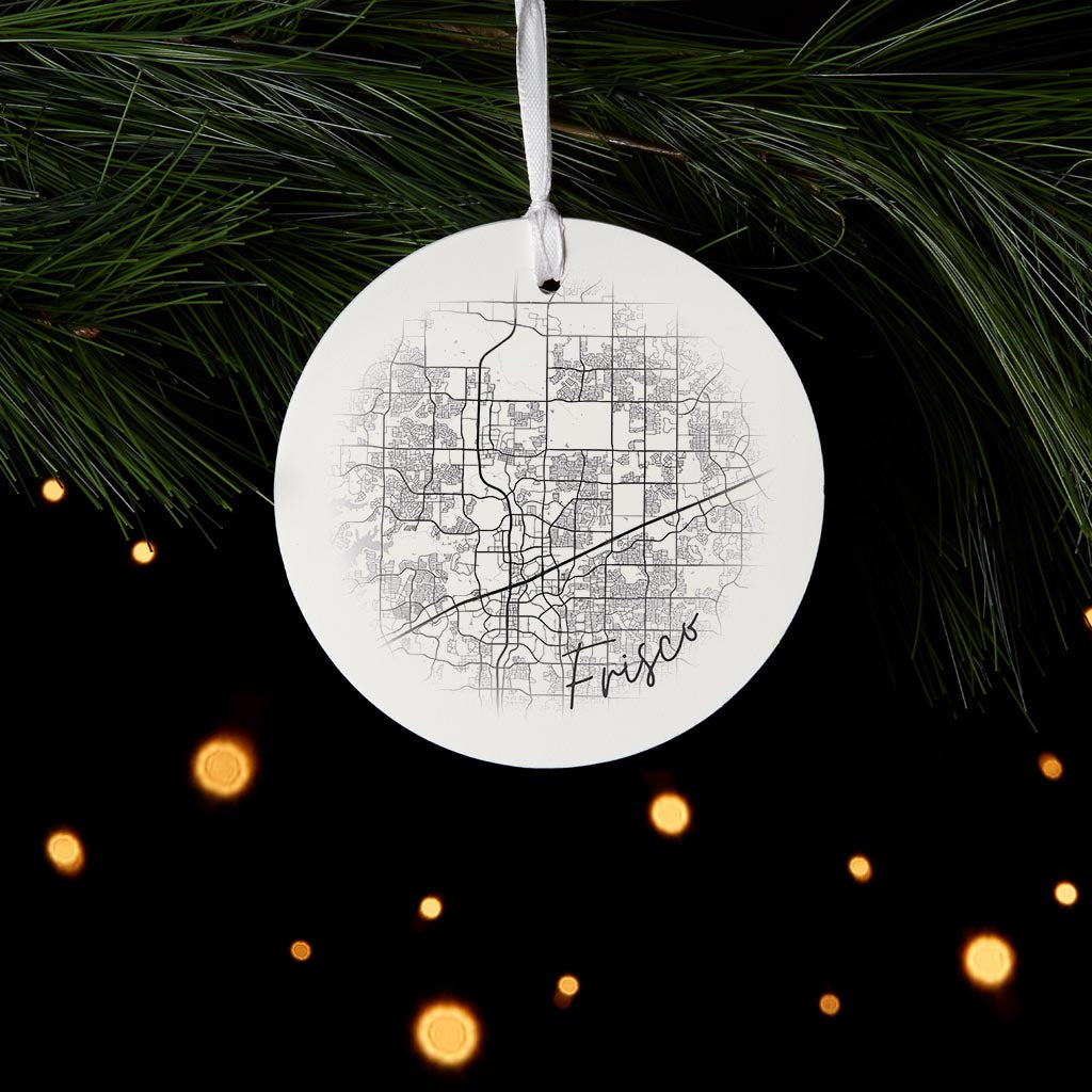 Minimalistic B&W Texas Frisco Circle Map | Wood Ornament | Eaches | Min 6