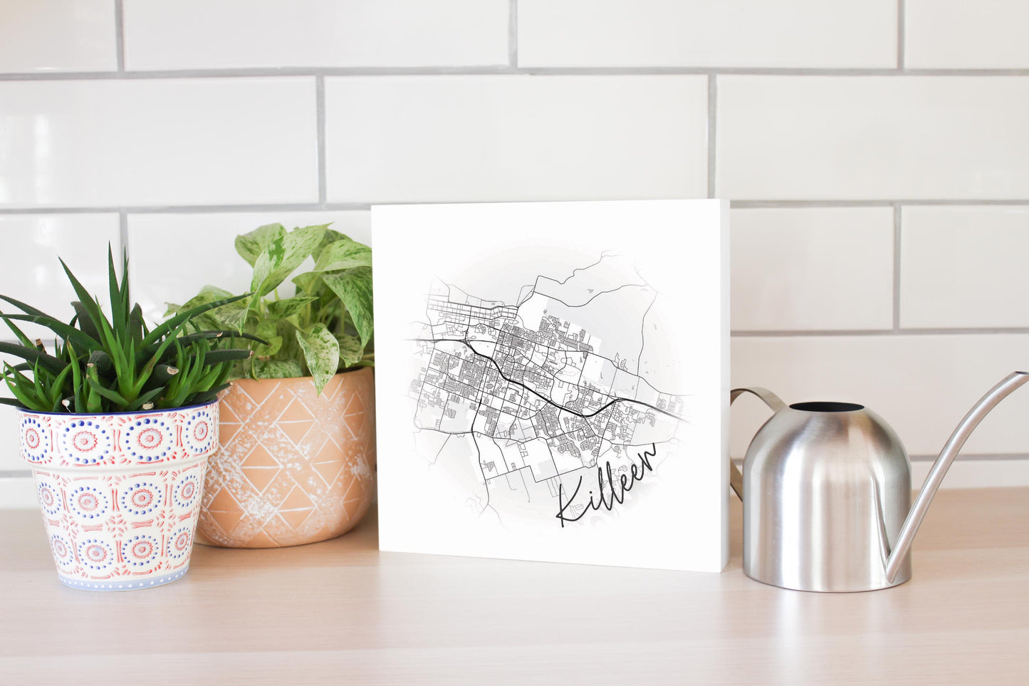 Minimalistic B&W Texas Killeen Circle Map | Wood Block | Eaches | Min 2
