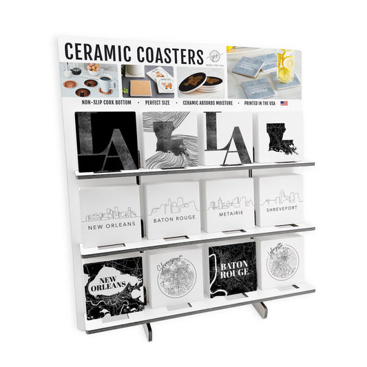 Modern Black & White Louisiana Square Ceramic Coaster Loaded Display POP Min of 1