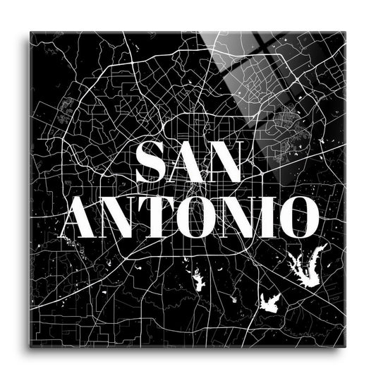 Minimalistic B&W Texas San Antonio Map | Hi-Def Glass Art | Eaches | Min 1