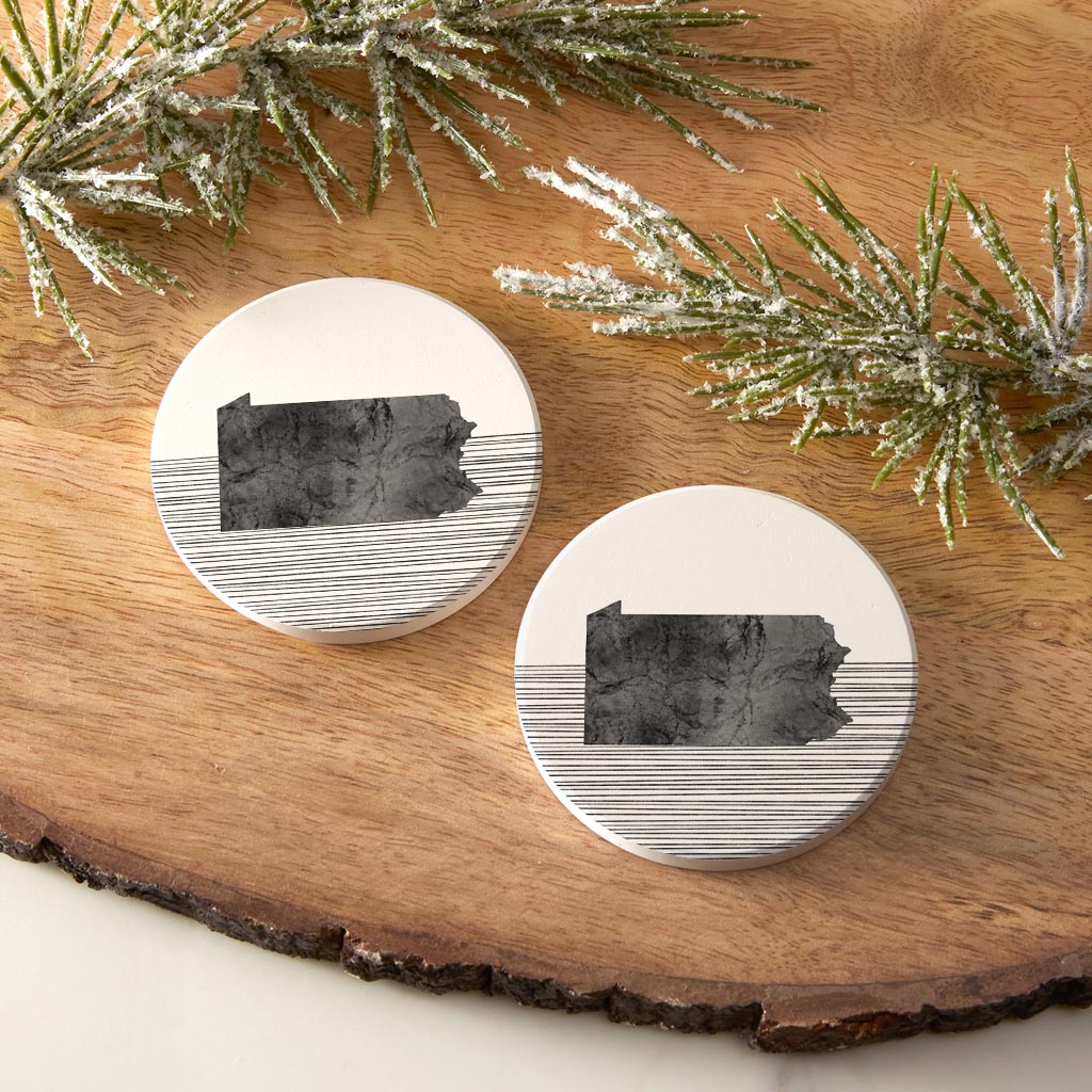 Minimalistic B&W Pennsylvania Shape Straight Lines | Absorbent Car Coasters | Set of 2 | Min 4
