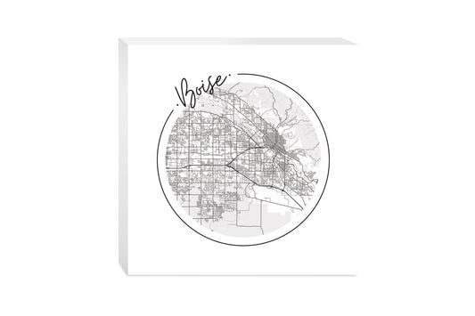 Minimalist B&W Idaho Boise Circle Map | Wood Block | Eaches | Min 2