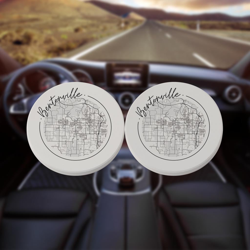 Minimalist B&W Arkansas Bentonville Circle Map | Absorbent Car Coasters | Set of 2 | Min 4