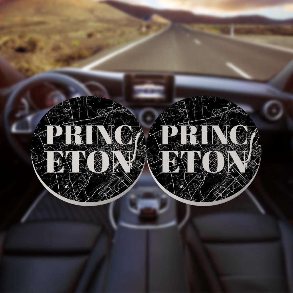 Minimalistic B&W New Jersey Princeton Map | Absorbent Car Coasters | Set of 2 | Min 4