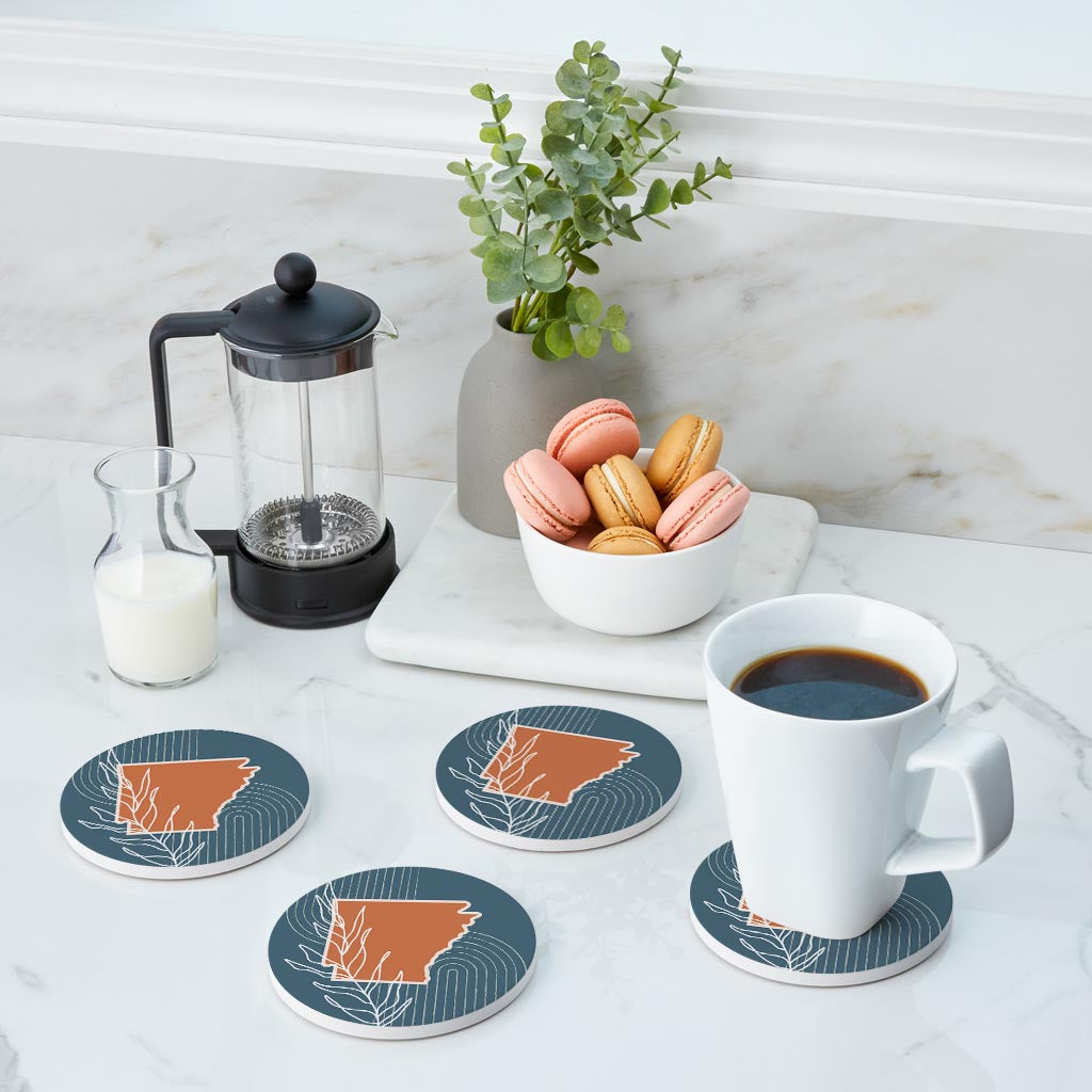 Modern Minimalist Arkansas State Shape With Leaf | Absorbent Coasters | Set of 4 | Min 2