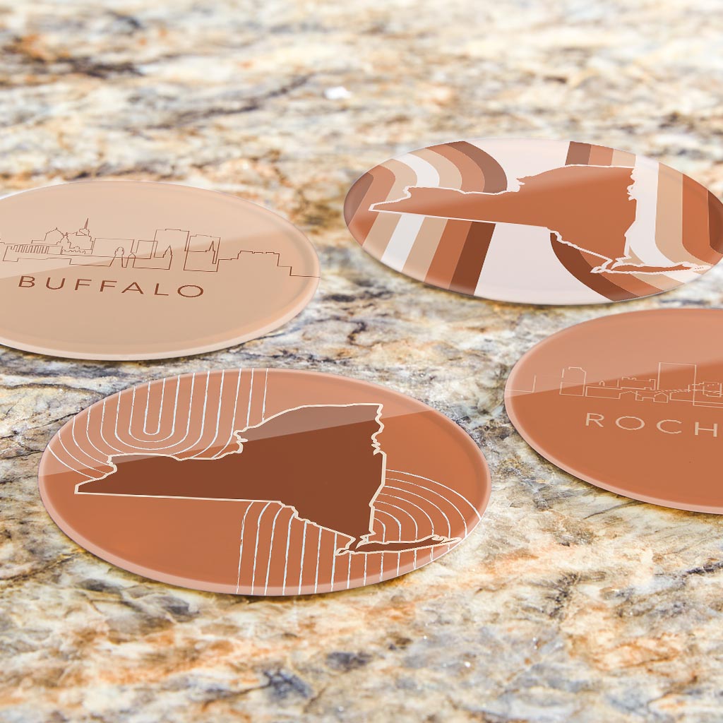 Modern Minimalist New York State Shapes Skylines| Hi-Def Glass Coasters | Set of 4 | Min 2