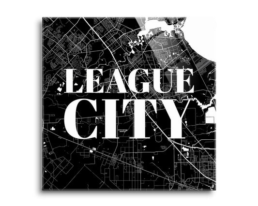 Minimalistic B&W Texas League City Map | Hi-Def Glass Art | Eaches | Min 2