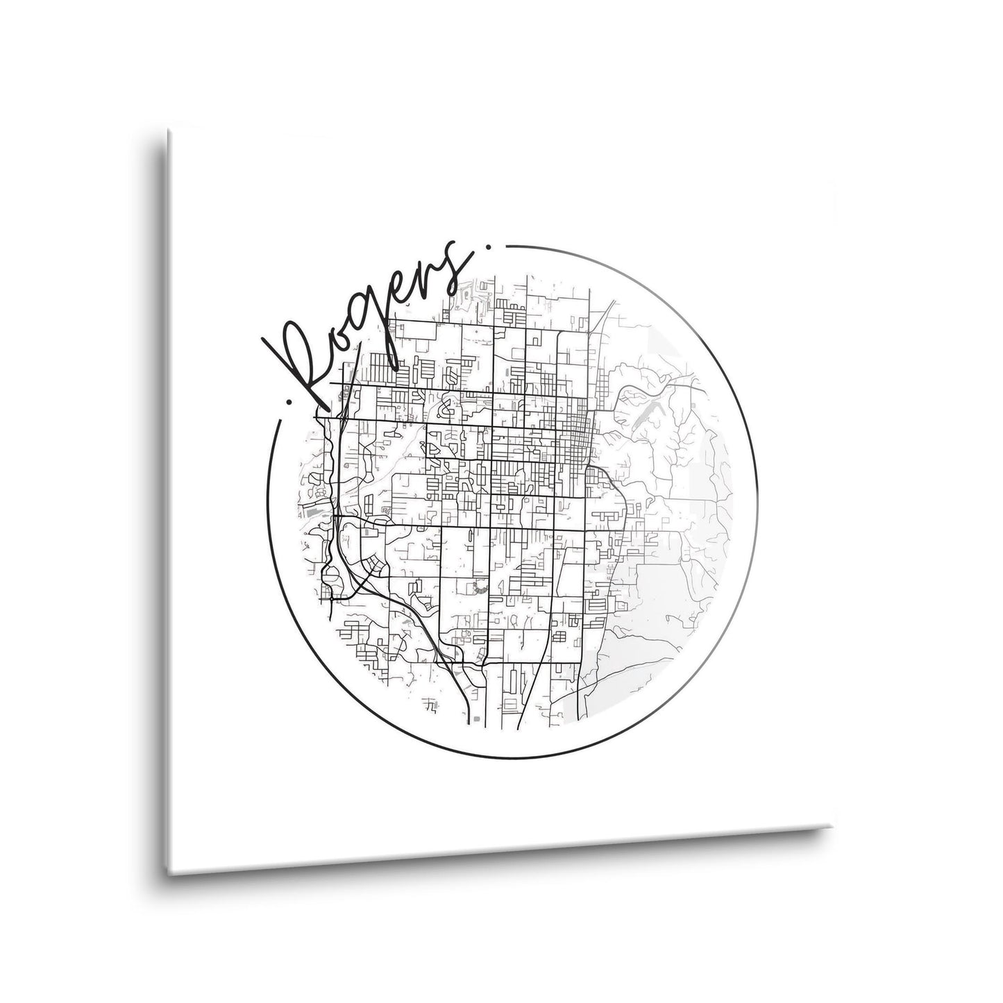 Minimalist B&W Arkansas Rogers Circle Map | Hi-Def Glass Art | Eaches | Min 1