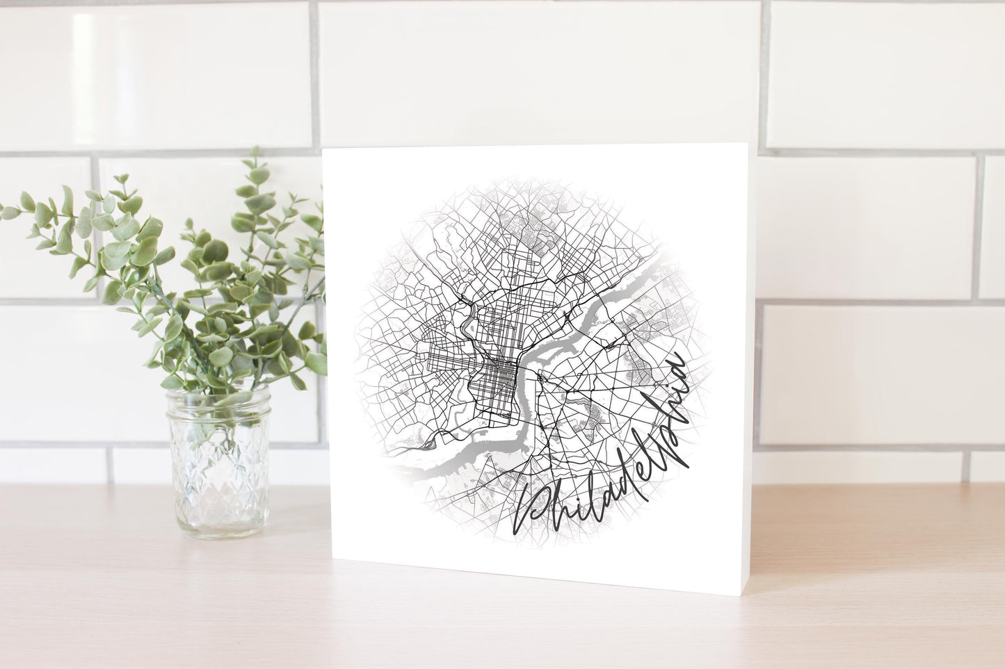 Minimalistic B&W Pennsylvania Philadelphia Circle Map | Wood Block | Eaches | Min 2