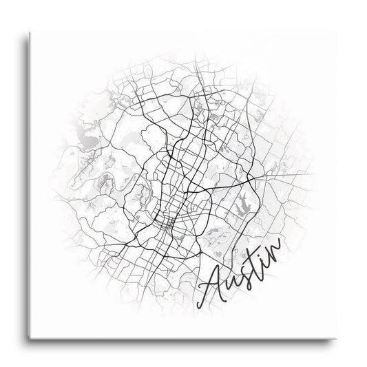 Minimalistic B&W Texas Austin Circle Map | Hi-Def Glass Art | Eaches | Min 1