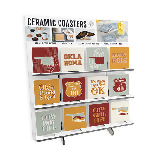 Modern Minimalist Oklahoma Square Ceramic Coaster Loaded Display POP Min of 1