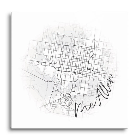 Minimalistic B&W Texas Mcallen Circle Map | Hi-Def Glass Art | Eaches | Min 1