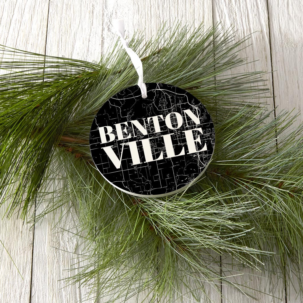 Minimalist B&W Arkansas Bentonville Map | Wood Ornament | Eaches | Min 6