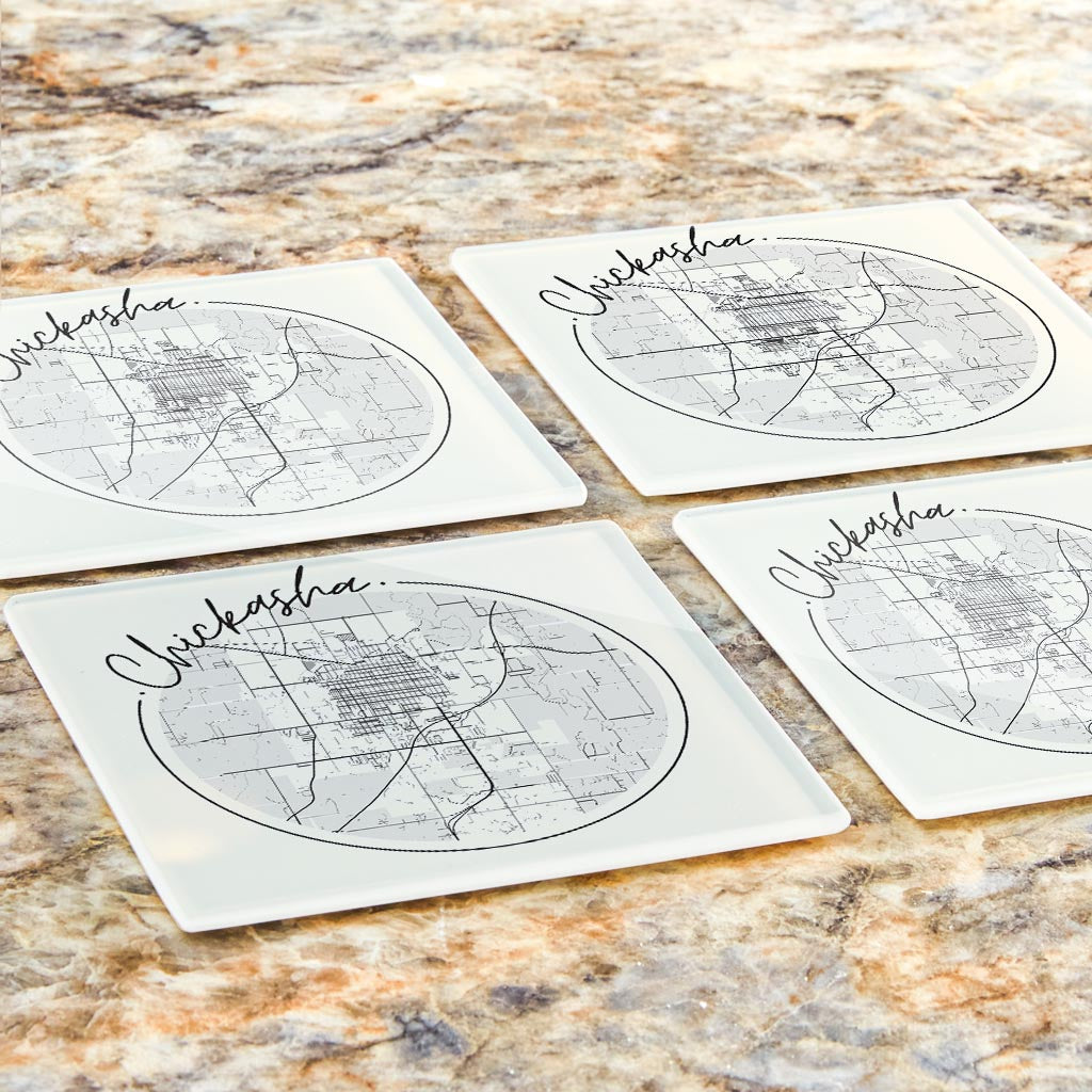 Modern Minimalist Oklahoma Chickasha Map | Hi-Def Glass Coasters | Set of 4 | Min 2