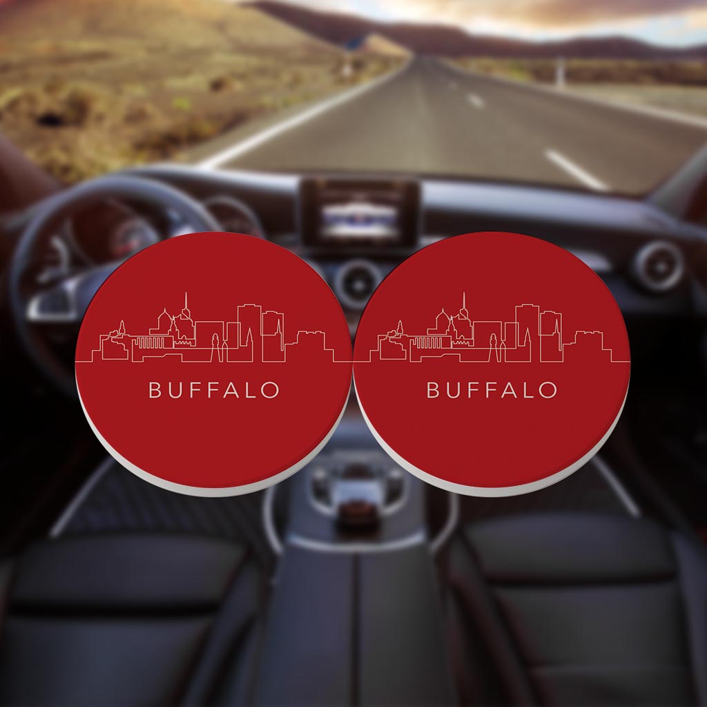 Red White And Blue New York Buffalo Skyline | Absorbent Car Coasters | Set of 2 | Min 4