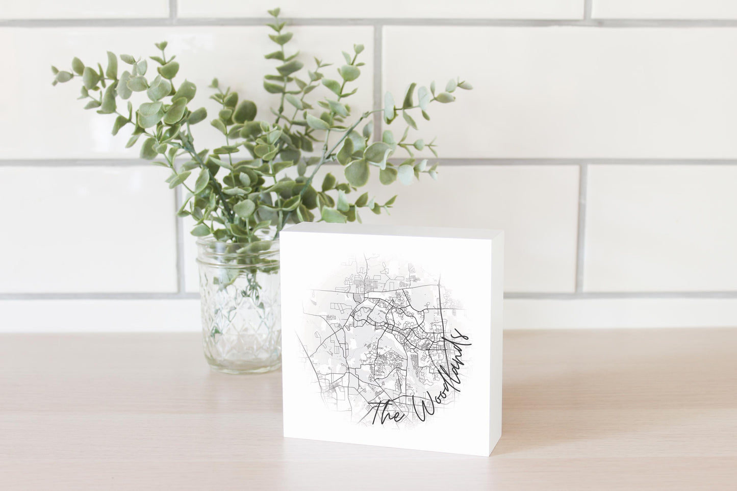 Minimalistic B&W Texas The Woodlands Circle Map| Wood Block | Eaches | Min 4