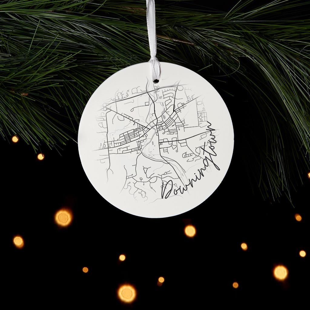 Minimalistic B&W Pennsylvania Downingtown Circle Map | Wood Ornament | Eaches | Min 6