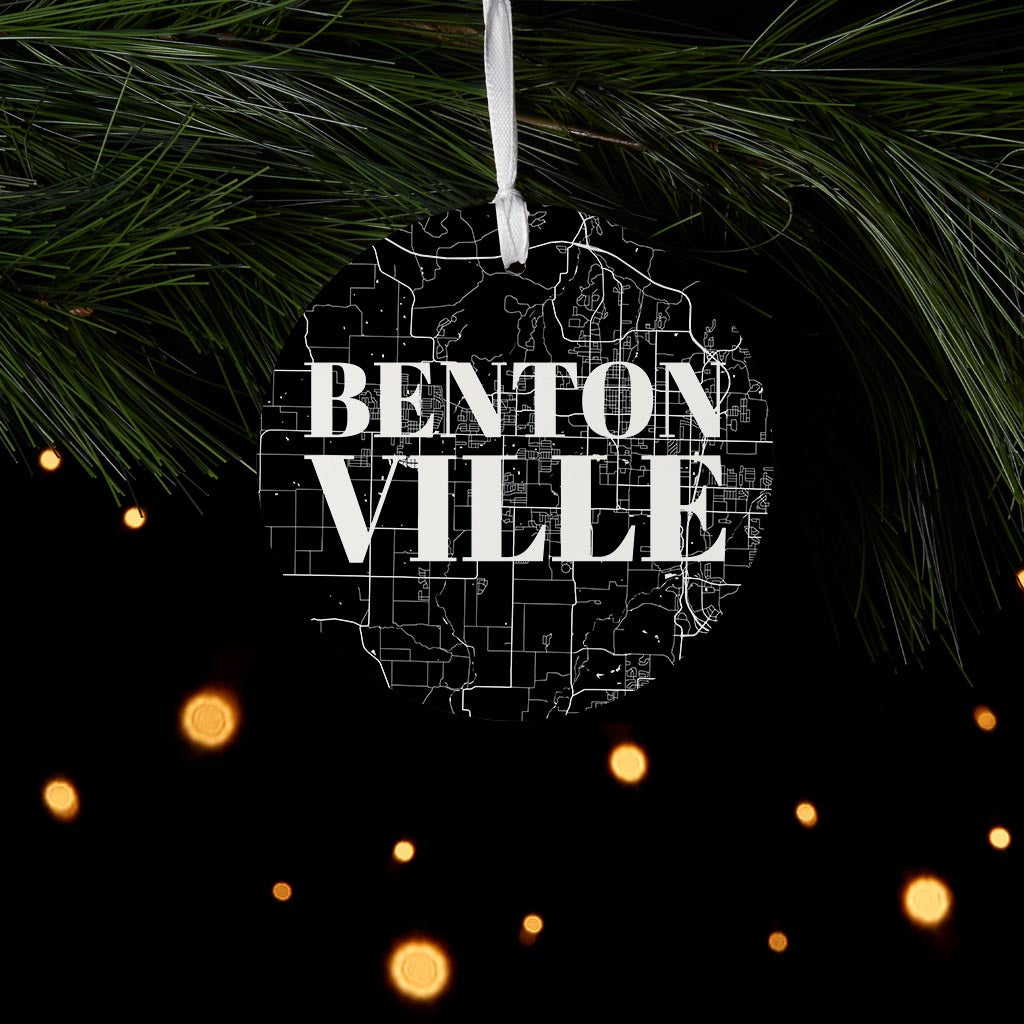 Minimalist B&W Arkansas Bentonville Map | Wood Ornament | Eaches | Min 6