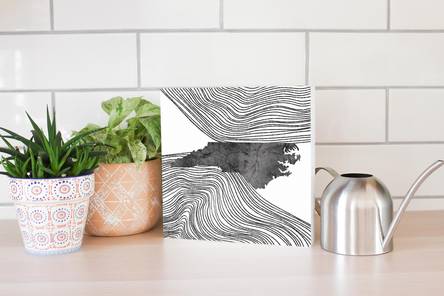 Minimalistic B&W North Carolina State With Fluid Lines | Wood Block | Eaches | Min 2