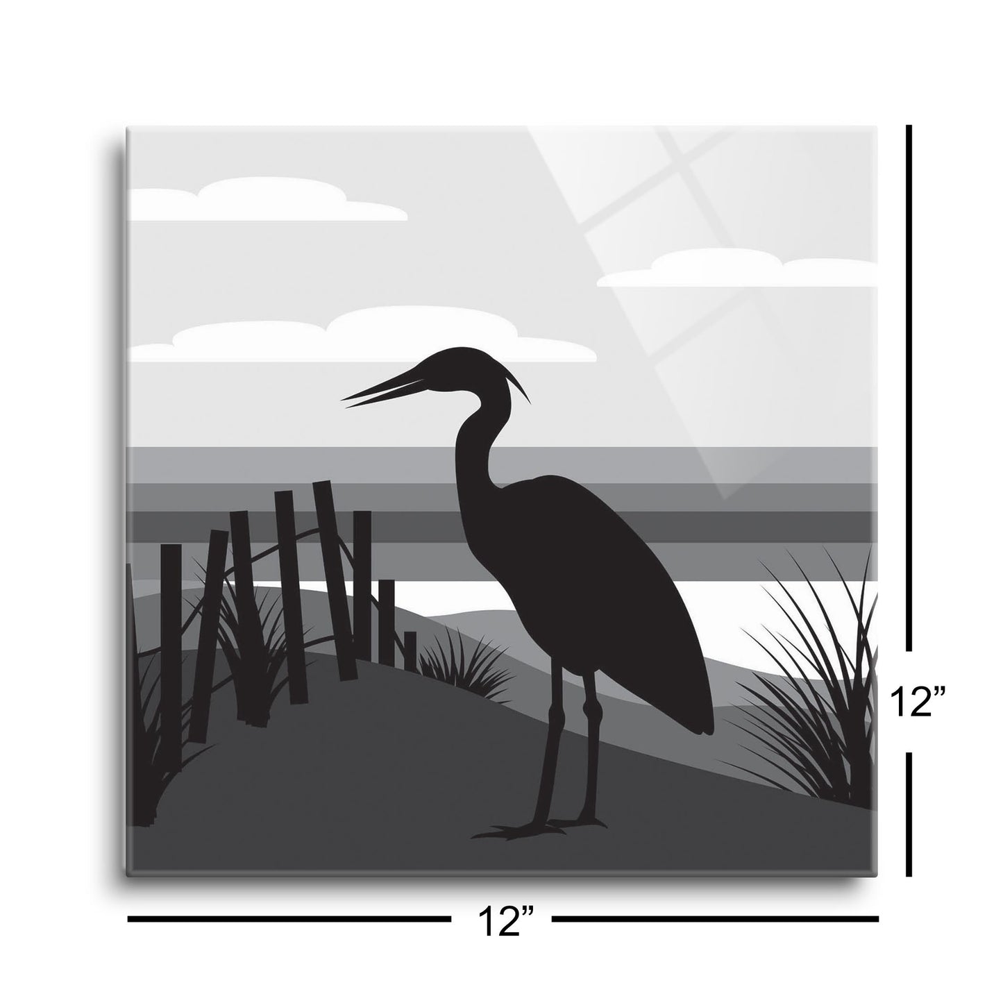 Minimalistic B&W Cape Cod Heron Illustration | Hi-Def Glass Art | Eaches | Min 1