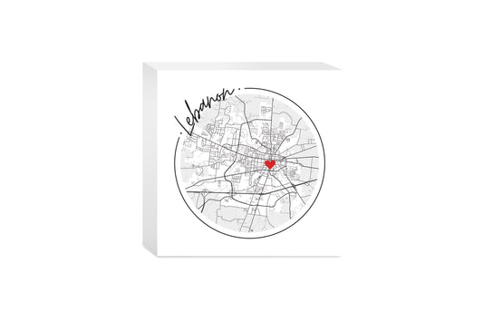 Minimalist B&W Tennessee Lebanon Circle Map Heart | Wood Block | Eaches | Min 4